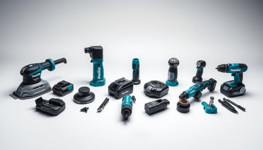 A well-lit studio shot of an assortment of Makita 18V Multi-Tool attachments arranged neatly on a clean, white surface. The attachments are in focus, showcasing their high-quality construction and diverse functionality, including detail sander, oscillating multi-tool, rotary tool, and more. The lighting is soft and even, creating a professional, product-focused atmosphere. The camera angle is slightly elevated, providing a clear, unobstructed view of the attachments. The image conveys the versatility and adaptability of the Makita 18V Multi-Tool system, highlighting the wide range of accessories available to tackle any job.