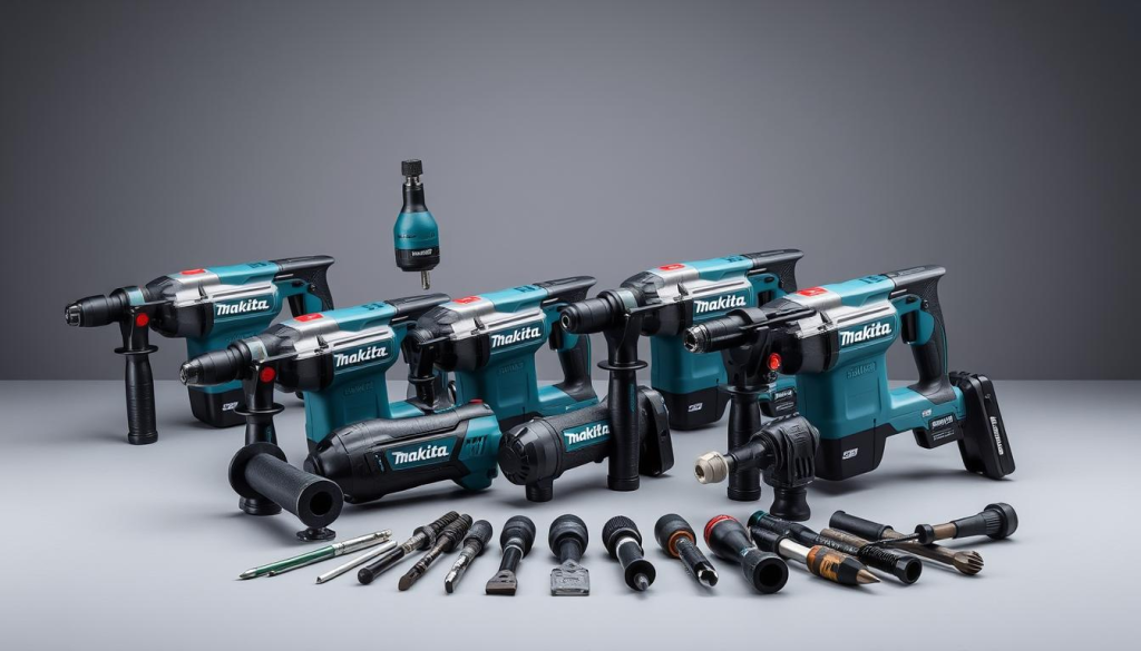 A well-lit studio shot of an assortment of Makita demolition hammers, including the SDS-MAX and SDS-PLUS models, arranged on a sleek black surface. The hammers are presented in a clean, professional manner, highlighting their robust construction, powerful motors, and specialized chiseling bits. The foreground showcases the hammers' ergonomic grips and vibration-dampening features, while the middle ground offers a closer look at the varied tool heads and their intended uses for concrete, masonry, and heavy-duty demolition tasks. The background is a minimalist setting, allowing the Makita branding and product details to take center stage, conveying a sense of high-quality, industrial-grade power tools designed for professional demolition work.
