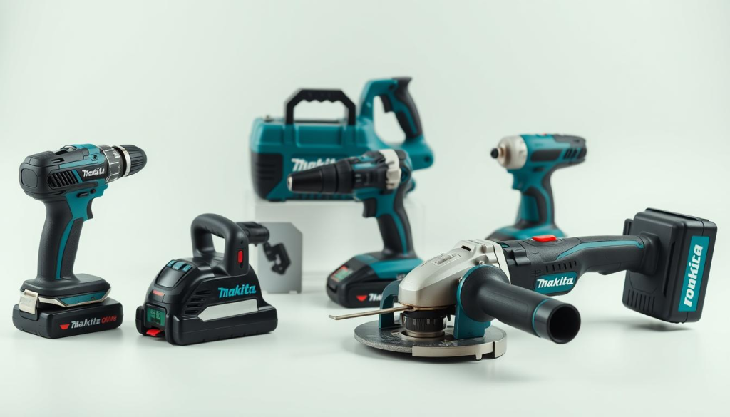 A well-lit studio shot of an assortment of Makita power tools, including a cordless drill, circular saw, and angle grinder, arranged on a clean white surface. The tools are showcased in perfect focus, their sleek black and teal designs and high-quality metalwork highlighted by soft directional lighting. The background is plain and uncluttered, allowing the tools to take center stage. The overall mood is professional, highlighting the precision and reliability of Makita's power tool lineup, perfect for DIY home projects.
