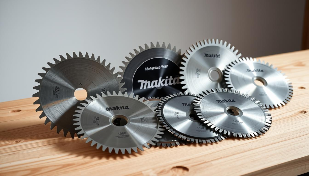 A well-lit studio shot of an assortment of Makita track saw blades, arranged neatly on a clean, wooden workbench. The blades range in size and tooth configuration, showcasing the variety of options available for different cutting tasks. The blades are positioned at an angle, allowing the viewer to clearly see the unique tooth patterns and materials. Soft shadows create depth and dimensionality, highlighting the quality and precision of the Makita tools. The overall atmosphere is one of professionalism, highlighting the attention to detail and the range of capabilities of the Makita track saw system.