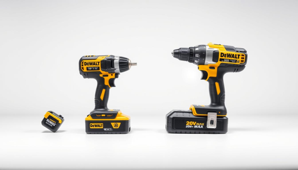 A well-lit studio shot of two Dewalt power tools - an 18V cordless drill and a 20V MAX cordless drill, placed side by side on a clean white background. The 18V model has a sleek black and yellow design, while the 20V MAX model has a slightly different, more angular profile in black and silver. The lighting is bright and even, highlighting the high-quality construction and attention to detail of the tools. The background is plain and uncluttered, allowing the power tools to be the sole focus of the image, emphasizing the transition from 18V to the newer 20V MAX technology.