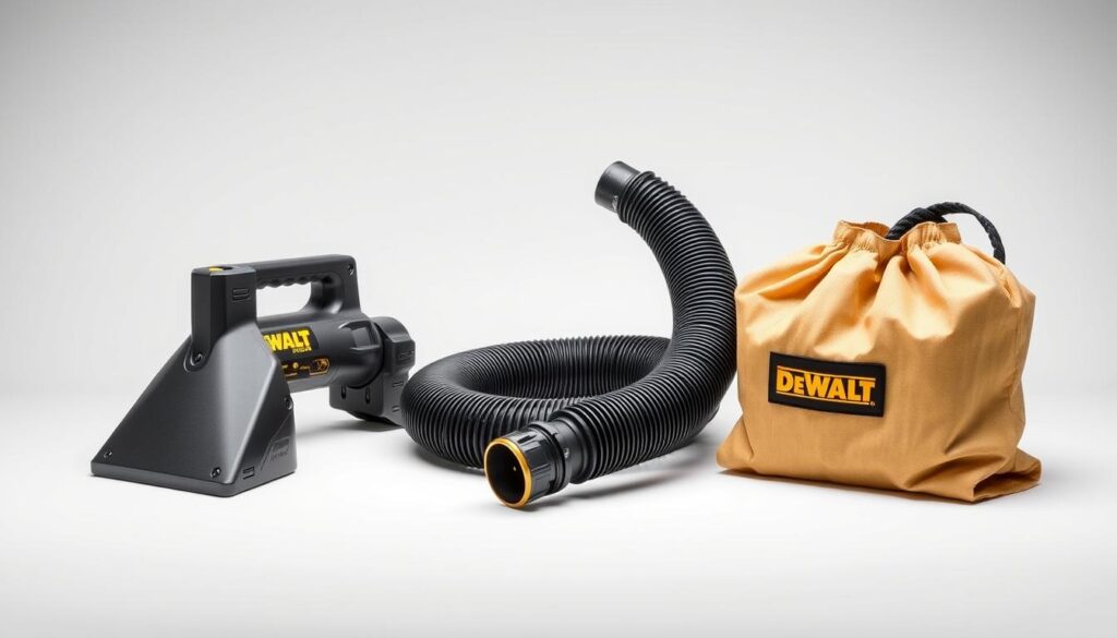 A well-lit studio shot of various DEWALT outdoor vacuum accessories, including a high-quality metal nozzle, a flexible hose attachment, and a sturdy reusable collection bag. The accessories are arranged on a clean, white backdrop, showcasing their sleek and durable design. The lighting is soft and even, highlighting the textural details and the distinctive DEWALT branding. The overall composition is balanced and visually appealing, emphasizing the high-performance and versatility of these accessories for enhanced yard cleaning efficiency.