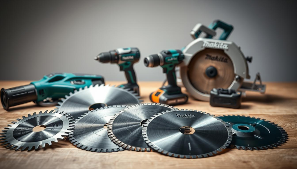 A well-lit studio shot showcasing an assortment of Makita saw accessories. In the foreground, a selection of blades, including a carbide-tipped circular saw blade, a jigsaw blade, and a reciprocating saw blade, neatly arranged on a wooden surface. In the middle ground, a Makita angle grinder and a cordless impact driver, their distinctive green casings adding a touch of brand identity. In the background, a Makita cordless circular saw and a miter saw, their precise and powerful capabilities implied by their sturdy, professional-grade designs. The lighting is soft and diffused, creating a sense of elegance and highlighting the high-quality craftsmanship of the tools. The overall composition conveys the essential nature of these accessories for enhancing the performance and versatility of a Makita saw.