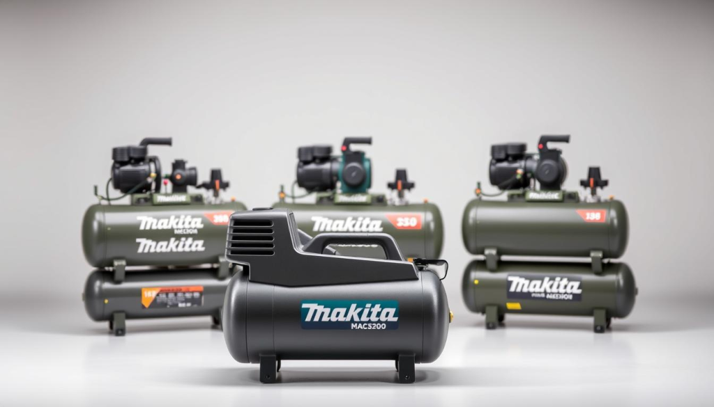 A well-lit studio shot showcasing the Makita MAC5200 air compressor alongside two other Makita models for comparison. The MAC5200 is prominently displayed in the foreground, its sleek gray and blue design contrasted against the other compressors. The middle ground features the other Makita models, slightly blurred to draw the eye to the focal point. The background is a clean, neutral setting, allowing the products to take center stage. Subtle shadows and reflections add depth and realism to the scene. The lighting is balanced, neither too harsh nor too soft, highlighting the details and build quality of the compressors. The overall mood is professional and informative, inviting the viewer to closely examine and compare the features of these Makita tools.