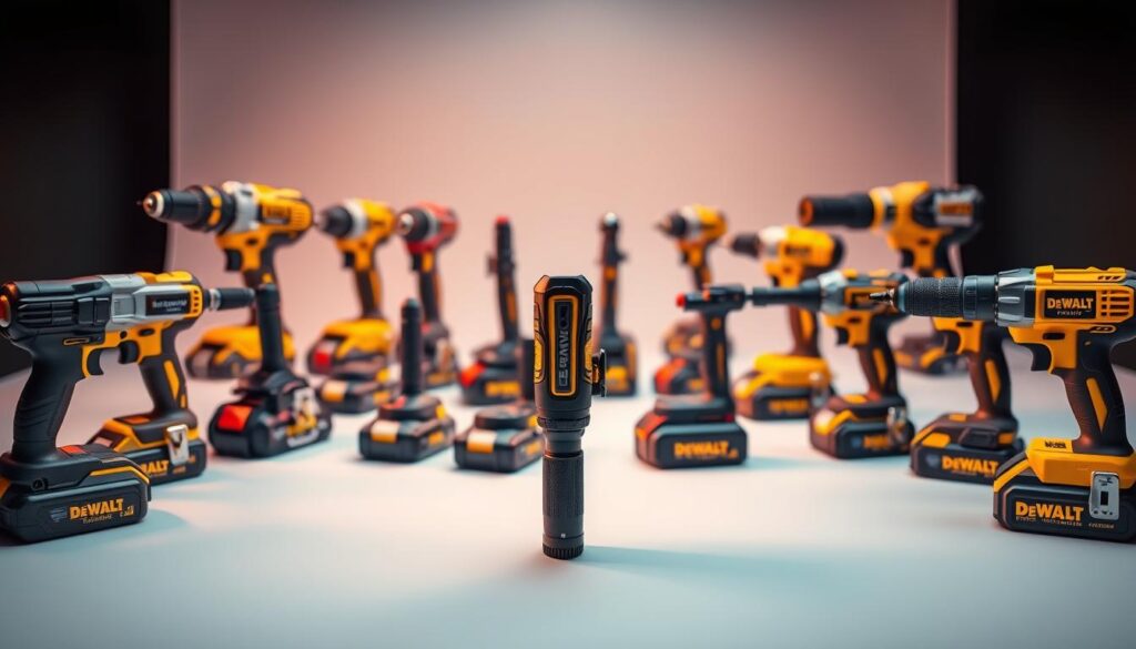 A well-lit studio showcase of several cordless screwdrivers from top brands, arranged in a dynamic composition that highlights their unique features and designs. In the foreground, the DEWALT USB screwdriver takes center stage, its sleek, modern profile accentuated by warm, directional lighting. Surrounding it, other popular cordless models are displayed at various angles, allowing for detailed comparisons of size, grip, and battery capacity. The middle ground features a clean, minimalist backdrop that emphasizes the tools, while the background subtly blurs, creating depth and drawing the viewer's focus to the comparative details. The overall mood is professional, informative, and visually engaging, capturing the essence of the "Comparing DEWALT USB to Other Brands" section.