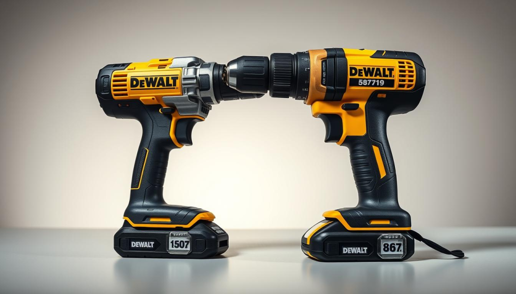 A well-lit, studio-style image showcasing two DEWALT power drills side-by-side on a sleek, minimalist tabletop. The drills are positioned prominently in the foreground, with a clean, neutral background that allows the tools to be the focal point. Crisp, high-resolution details highlight the distinctive DEWALT branding, metal housing, and drill chucks. The lighting is balanced, creating subtle shadows and highlights to accentuate the drills' form and materials. The camera angle is slightly angled, providing a dynamic, three-dimensional perspective. The overall mood is professional, highlighting the quality and specifications of the budget and premium DEWALT drill models.