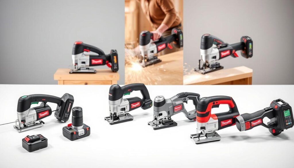 A well-lit, studio-style photograph of a comparison between several cordless jigsaws from top power tool brands. The jigsaws are arranged in the foreground on a clean white surface, allowing the key features and design elements to be clearly visible. The middle ground showcases the tools in use, demonstrating their power and precision through dynamic, action-oriented shots. The background blurs gently, maintaining focus on the jigsaws themselves. The overall mood is professional, informative, and showcases the superior quality and performance of these cordless power tools.