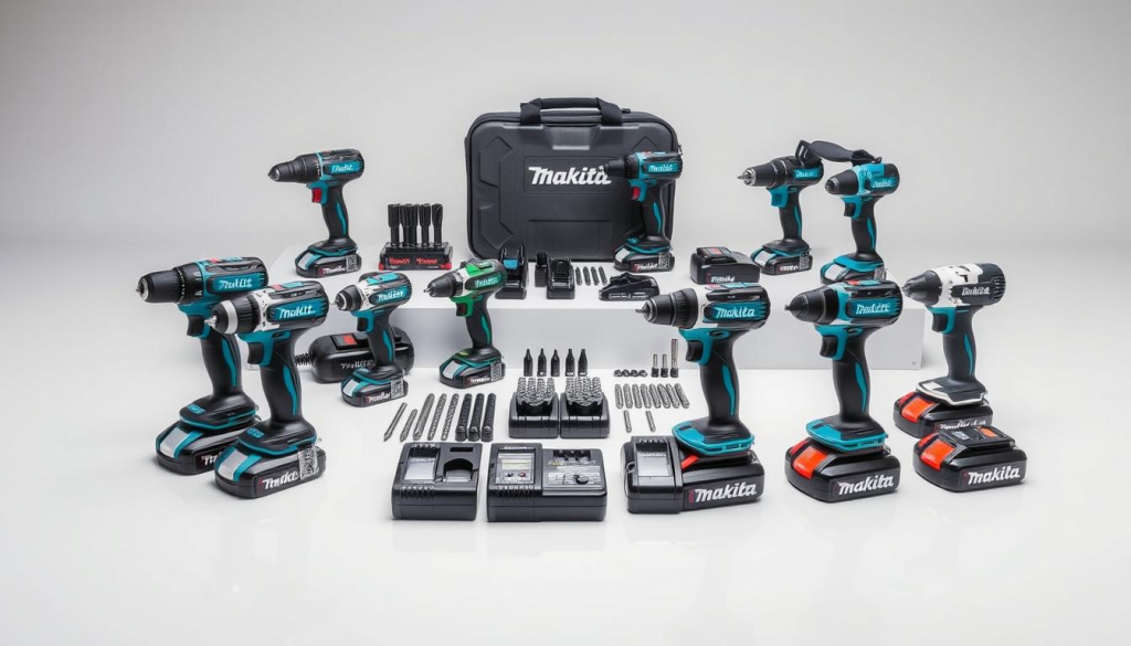 A well-lit, studio-style photograph of a display of popular Makita cordless drill sets. In the foreground, several drill models in varying sizes and colors are neatly arranged on a clean, reflective surface. The middle ground showcases various drill bit accessories, batteries, and chargers, all presented with a sense of technical precision. The background features a simple, neutral backdrop that allows the tools to take center stage. The lighting is soft and diffused, highlighting the sleek, modern design of the Makita equipment. The overall composition conveys a sense of professionalism, quality, and the reliable power of these Makita drill sets.