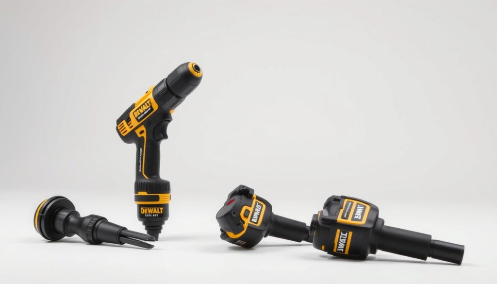 A well-lit, studio-style photograph showcasing a detailed comparison of Dewalt 90-degree drill attachments. In the foreground, three different Dewalt attachments are neatly arranged, their distinct designs and features clearly visible. The middle ground depicts the attachments in use, demonstrating their versatility in tight spaces and confined areas. The background provides a clean, neutral backdrop, allowing the tools to be the focal point. The image captures the attachments from multiple angles, highlighting their ergonomic handles, adjustable heads, and compact sizes. The overall lighting is soft and even, creating a professional, product-focused atmosphere.