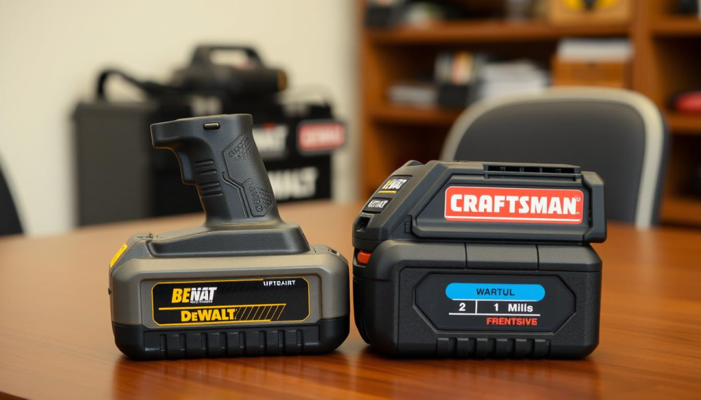 A well-lit table with a DeWalt battery pack and a Craftsman battery pack placed side by side, showcasing their distinct designs and features. The batteries are positioned at a slight angle, creating a sense of interaction and comparison. The scene is captured with a crisp, detailed lens, allowing the viewer to examine the subtle differences between the two battery models. The overall atmosphere is one of professional assessment, inviting the viewer to closely inspect and compare the products.