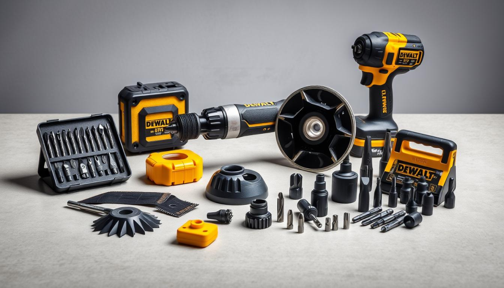 A well-lit tabletop showcasing an array of DEWALT 870 power tool accessories, including a drill bit set, a sanding attachment, a cutting blade, and a variety of driver bits, all arranged in a visually appealing and organized manner. The accessories are presented against a neutral, slightly textured background that emphasizes their quality and versatility. Subtle shadows and highlights create depth and dimensionality, while the overall lighting evokes a professional, workshop-like ambiance. The composition is balanced and compelling, inviting the viewer to explore the diverse range of tools that can enhance the capabilities of the DEWALT 870 power tool.