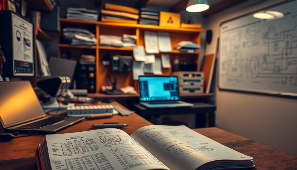 A well-lit, technical workshop interior with a desk, laptop, and engineering tools. In the foreground, an open notebook with handwritten calculations and diagrams. Warm lighting illuminates the scene, casting soft shadows. The middle ground features a power strip and electrical wiring schematics pinned to a cork board. In the background, shelves holding technical manuals and a whiteboard with electrical diagrams. The overall atmosphere conveys a sense of organized, methodical work focused on power requirements and engineering calculations.
