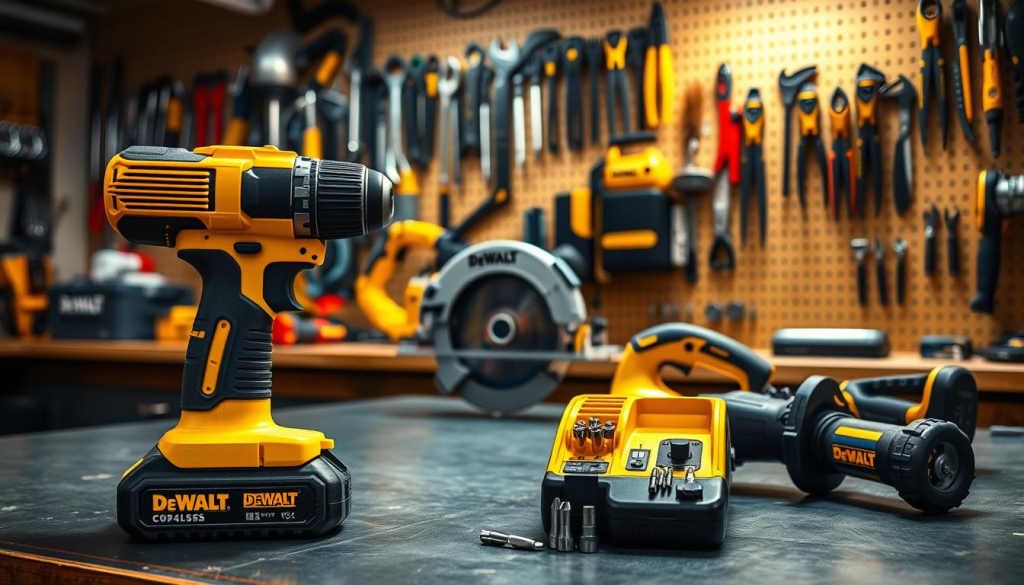 A well-lit workbench in a professional workshop, showcasing a variety of DeWalt power tools and accessories. In the foreground, a DeWalt cordless drill and a set of screwdriver bits are displayed, conveying the idea of tool maintenance. In the middle ground, a DeWalt circular saw and a reciprocating saw are positioned, highlighting the diverse range of DeWalt tools. The background features a pegboard wall with neatly organized DeWalt hand tools, creating a sense of order and organization. The overall scene radiates a mood of efficiency, attention to detail, and a focus on maintaining high-quality tools for optimal performance.