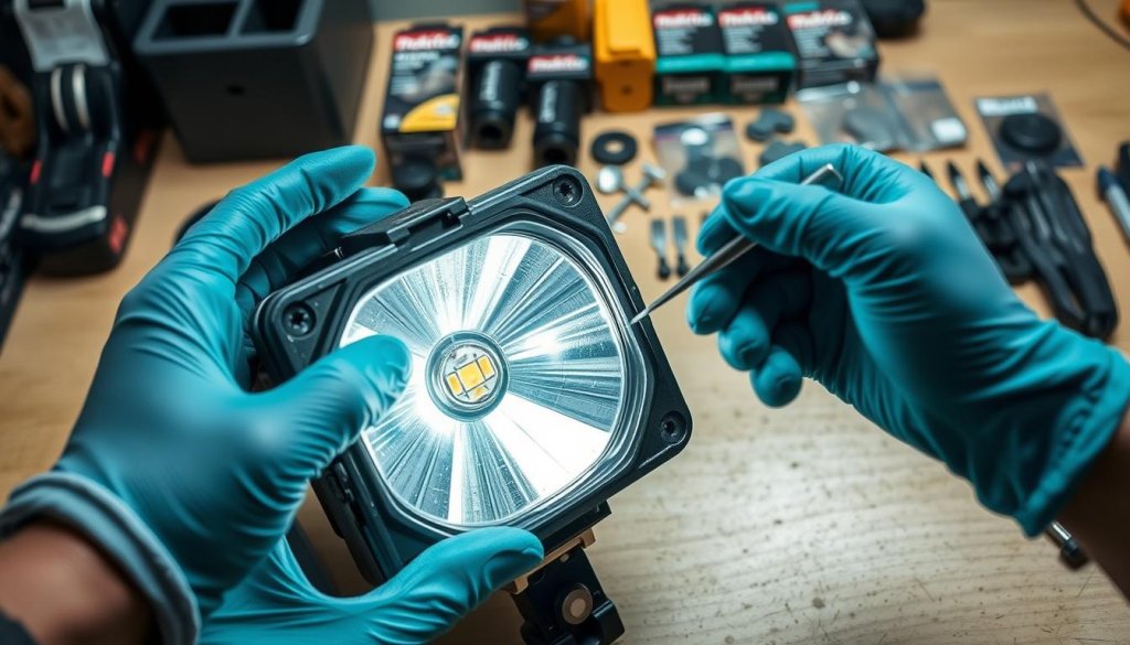 A well-lit workbench showcases a Makita work light undergoing a thorough maintenance routine. The light's casing is disassembled, exposing its intricate mechanisms. A mechanic's gloved hands carefully inspect the components, checking for any wear or damage. The bright LED bulb is removed, its housing cleaned with precision tools. In the background, a collection of Makita accessories and spare parts are neatly organized, ready to be utilized for this meticulous service. The scene conveys a sense of diligence and attention to detail, perfectly capturing the essence of maintaining the durability and reliability of this versatile work light.