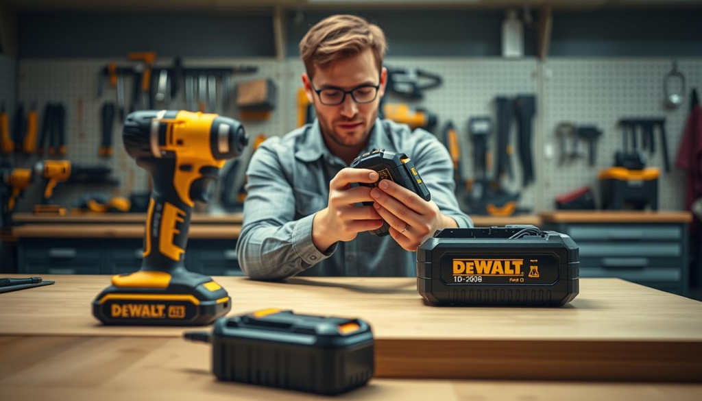 A well-lit workbench with a DEWALT power tool and battery pack in the foreground. In the middle ground, a person carefully aligning the battery pack into the charger, with a focused expression on their face. The background features a clean, organized tool storage area, conveying a professional workshop environment. The lighting is bright and even, highlighting the act of proper charging and the importance of battery maintenance. The overall scene evokes a sense of attentiveness and attention to detail, emphasizing the critical nature of this step in ensuring the longevity and performance of DEWALT power tools.