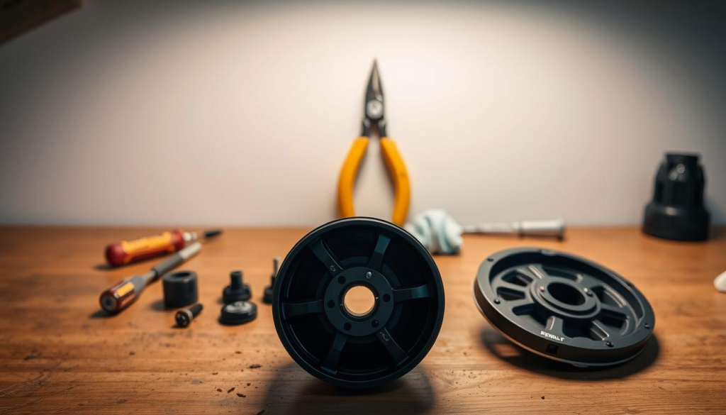 A well-lit workbench with a DeWalt Quick Load spool in the foreground, its individual components meticulously arranged. The spool is partially disassembled, revealing the inner mechanisms and allowing for a detailed inspection. In the middle ground, a set of tools, including pliers, a screwdriver, and a clean rag, is neatly organized, signifying the maintenance process. The background features a neutral, minimalist setting, allowing the focus to remain on the spool and the maintenance task at hand. The lighting is soft and diffused, creating a sense of clarity and attention to detail, complementing the technical nature of the subject.