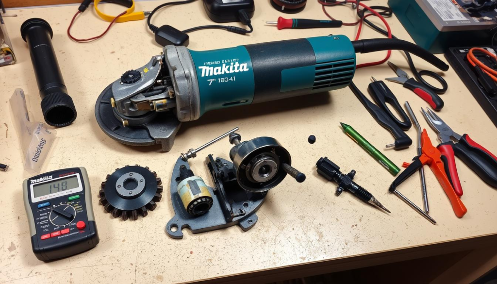 A well-lit workbench with a Makita 7" angle grinder disassembled, its components neatly arranged. The grinder's inner mechanisms are exposed, showcasing its gears, bearings, and motor. An array of common troubleshooting tools, such as a multimeter, pliers, and screwdrivers, are positioned nearby, suggesting an in-depth investigation of the tool's issues. The scene conveys a sense of careful, methodical problem-solving, with a focus on understanding the grinder's inner workings to identify and resolve any malfunctions.