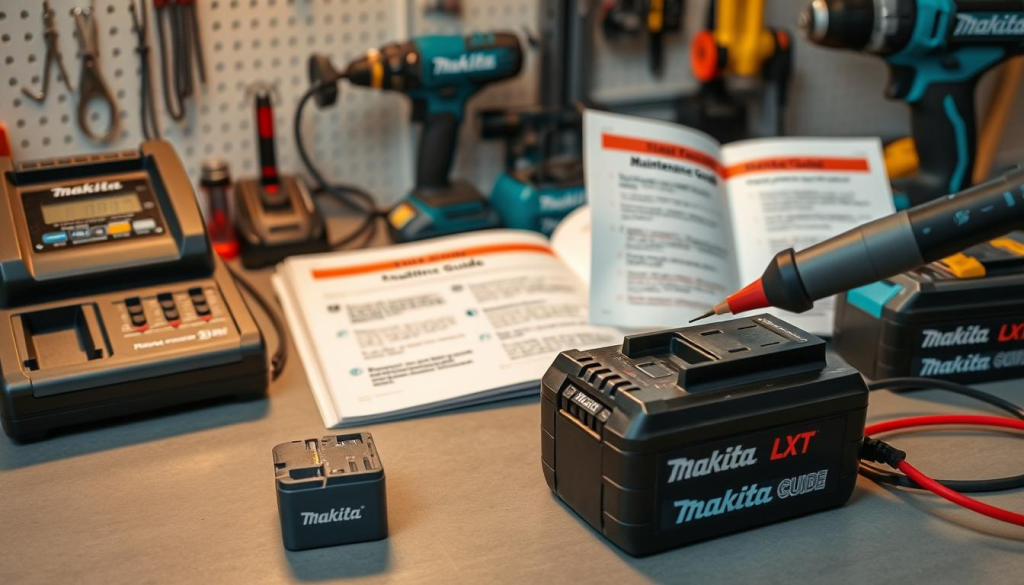 A well-lit workbench with a Makita LXT battery charger and a set of Makita LXT batteries of varying charge levels. In the foreground, a Makita LXT battery being inspected with a multimeter, its ports and contacts clearly visible. In the middle ground, a Makita LXT battery maintenance guide open, highlighting tips on cleaning contacts, checking charge levels, and proper storage. The background features Makita power tools and accessories, conveying a professional, workshop-like atmosphere. Soft, warm lighting casts an inviting glow, emphasizing the importance of proper Makita LXT battery care and maintenance.