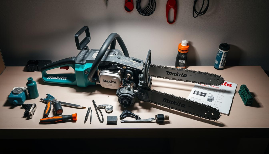 A well-lit workbench with a Makita chainsaw disassembled, revealing its internal components. Precision tools, lubricants, and a maintenance manual are neatly arranged around the saw, conveying a sense of meticulous care. The background is a clean, neutral space, allowing the chainsaw parts to be the focal point. Soft shadows and gentle highlights accentuate the intricate details of the saw's mechanisms, inviting the viewer to appreciate the craft of proper chainsaw maintenance. The overall atmosphere is one of diligence, technical expertise, and a dedication to ensuring the optimal performance and longevity of the Makita chainsaw.