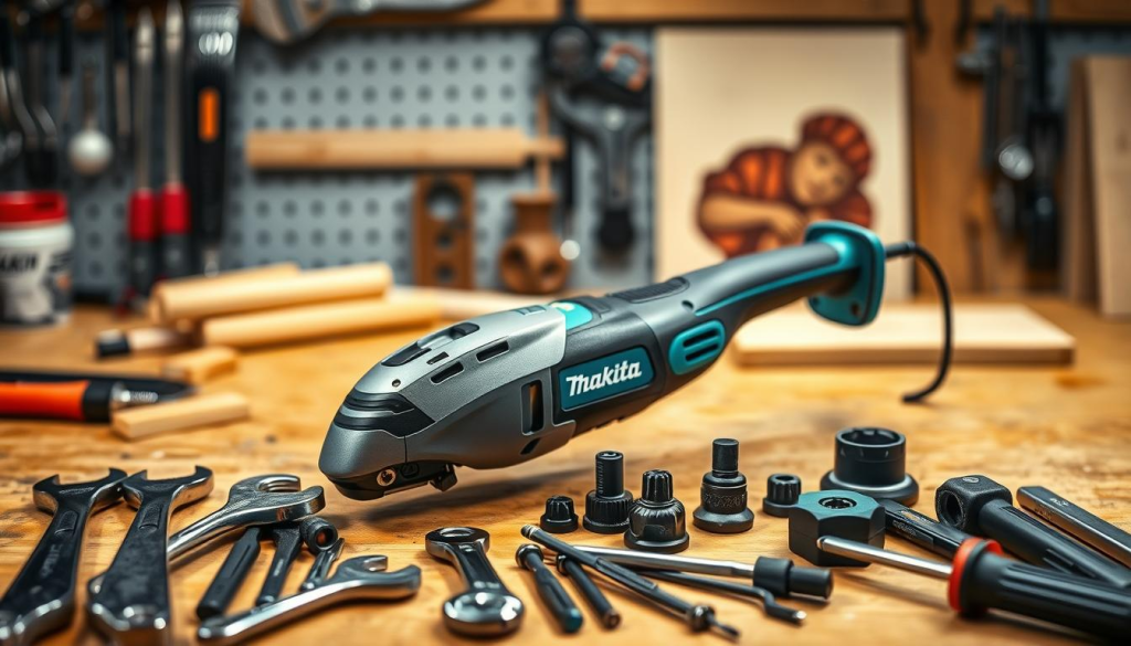 A well-lit workbench with a Makita oscillating multi-tool and its accessories prominently displayed. In the foreground, a set of wrenches, screwdrivers, and other maintenance tools are neatly arranged. The middle ground features the oscillating tool itself, with its sleek gray and teal design, showcasing its various attachments and accessories. In the background, a soft-focus image of the tool in use, cutting through wood or performing other DIY tasks. The overall scene conveys a sense of organized precision, highlighting the importance of proper maintenance and care for this versatile power tool.