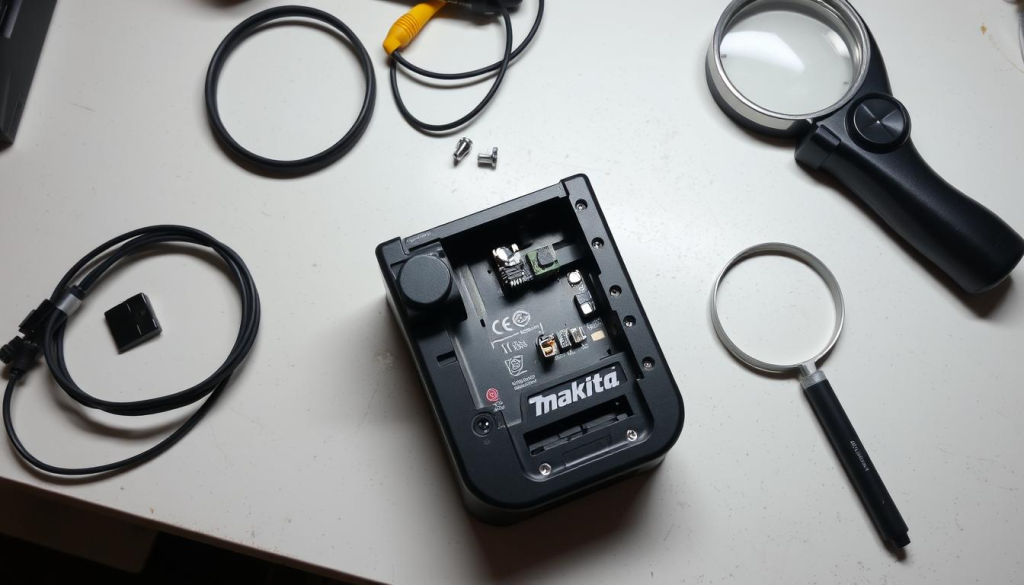 A well-lit workbench with a disassembled Makita battery charger, its components meticulously arranged. The charger's internal circuitry and diagnostic indicators are visible, hinting at the troubleshooting process. A magnifying glass and a multimeter lie nearby, suggesting a methodical approach to identify and resolve the issue. The scene conveys a sense of focus and problem-solving, with a clean, organized workspace and neutral lighting to highlight the technical details.