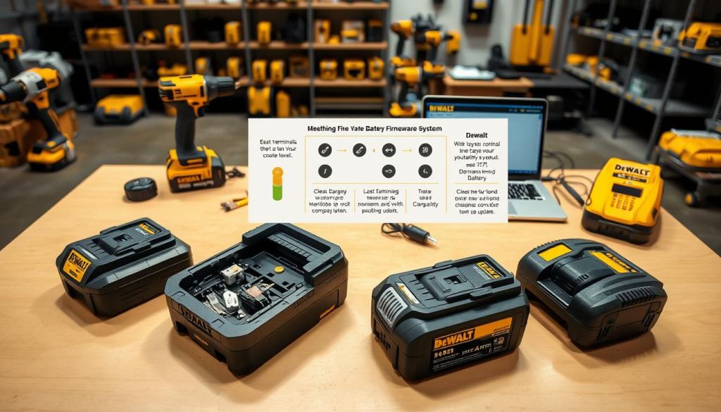 A well-lit workbench with an array of DeWalt power tools, batteries, and charging accessories arranged in an orderly fashion. In the foreground, a DeWalt battery pack is disassembled, its internal components meticulously displayed. A technical diagram illustrates the proper maintenance steps, including cleaning terminals, monitoring charge levels, and calibrating the battery management system. The mid-ground features a DeWalt charger connected to a laptop, showcasing the latest firmware updates. The background depicts a clean, industrial workshop setting with concrete floors and metal shelving, conveying a sense of professionalism and attention to detail.