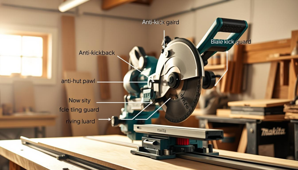 A well-lit workshop interior, a Makita track saw positioned prominently on a workbench. The saw's safety features are the focal point - the riving knife, anti-kickback pawls, and blade guard are clearly visible, their purpose and function evident. Soft shadows and warm lighting create a sense of precision and craftsmanship. The scene conveys the utility and safety of the Makita track saw, highlighting its suitability for fine woodworking tasks.