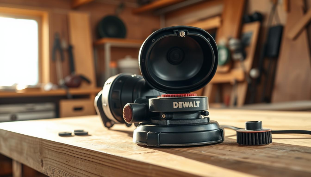 A well-lit workshop interior, a sturdy workbench in the foreground. On the bench, an opened Dewalt 5-inch orbital sander, its components meticulously laid out. Focused close-up, showcasing the intricate mechanisms and brushes that require regular maintenance. Warm, natural lighting illuminates the scene, casting gentle shadows that accentuate the sander's design. The background is slightly blurred, emphasizing the sander's central role in the composition. The overall atmosphere conveys a sense of diligence, attention to detail, and the importance of proper care for this versatile power tool.