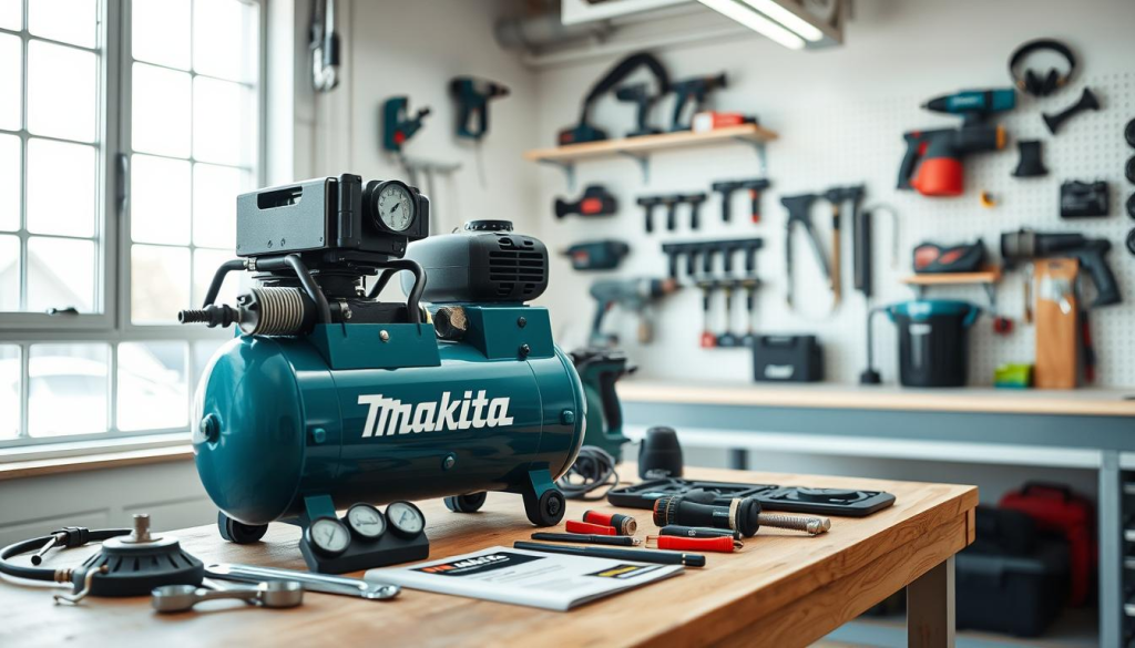 A well-lit workshop interior featuring a Makita air compressor in the foreground, its components and maintenance tools displayed neatly. The compressor is positioned on a sturdy workbench, surrounded by wrenches, gauges, and a maintenance manual. The middle ground showcases a clean, organized workspace with pegboards and shelves holding additional Makita power tools. The background depicts a bright, airy environment with large windows allowing natural light to flood the scene, creating a sense of professionalism and attention to detail.