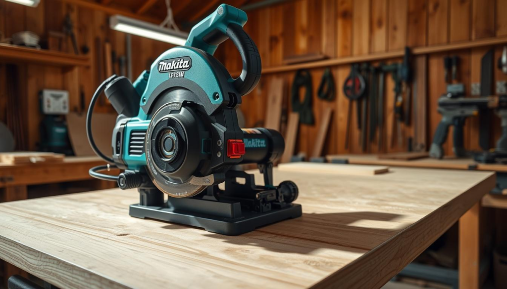 A well-lit workshop interior, featuring a prominent Makita flip saw on a sturdy workbench. Close-up view of the saw's safety features, including the blade guard, power switch, and dust collection port. The saw's sleek black and teal design stands out against the warm wooden surroundings. Soft shadows cast by the overhead lighting create depth and dimension, highlighting the saw's precise engineering. A collection of woodworking tools and materials in the background suggest an active, professional workspace. The overall atmosphere conveys the importance of safety and attention to detail when using a Makita flip saw for intricate woodworking projects.