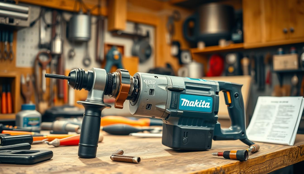 A well-lit workshop interior, focused on a sturdy Makita hammer drill resting on a workbench. The drill is partially disassembled, exposing its internal components. Surrounding the drill are various tools and a troubleshooting guide, hinting at the process of diagnosing and resolving issues. The scene conveys a sense of methodical problem-solving, with a balanced composition that emphasizes the drill's mechanical details. Warm, directional lighting casts shadows and highlights the drill's metallic surfaces, creating depth and drama. The overall atmosphere is one of technical expertise and a dedication to maintaining reliable power tools.