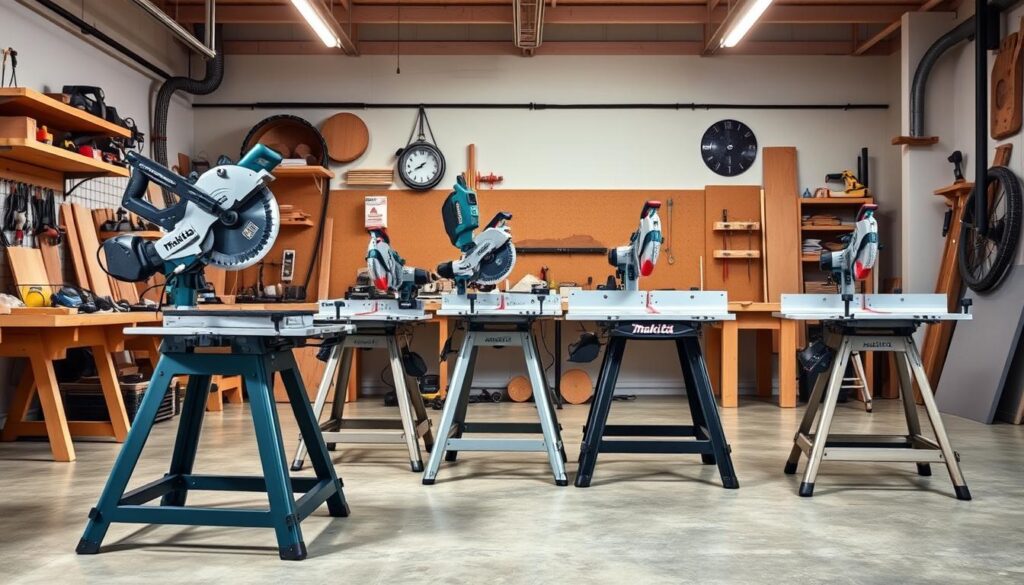 A well-lit workshop interior showcasing a side-by-side comparison of various miter saw stands. In the foreground, a Makita miter saw stand prominently displayed, its sturdy construction and integrated clamping system clearly visible. Beside it, other leading miter saw stands are arrayed, their features and design elements meticulously captured from multiple angles using a sharp, high-resolution lens. The middle ground highlights the unique functionality and ergonomic considerations of each stand, while the background maintains a clean, uncluttered workspace to emphasize the products. The overall scene conveys a sense of thoughtful, technical evaluation, inviting the viewer to assess the relative merits of these essential woodworking tools.