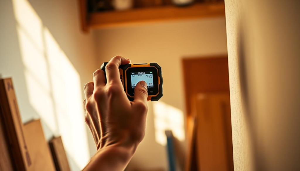 A well-lit workshop interior, with a DEWALT 0100 stud finder device held against a wall. The user's hand is gently pressing the device, its digital display illuminated, showcasing the precise location of an underlying wall stud. The image captures the ergonomic design of the tool and the focused attention of the user as they meticulously scan the surface, ensuring accurate positioning for a home improvement project. Soft shadows and warm, natural lighting create a sense of clarity and professionalism, highlighting the DEWALT brand's reputation for reliable, high-quality tools.