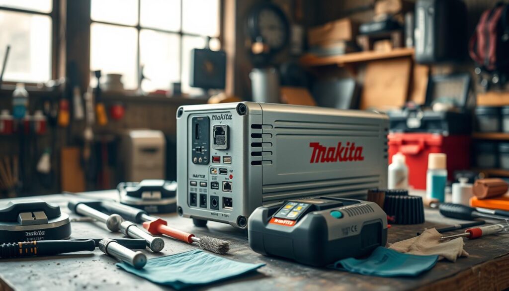 A well-lit workshop interior, with a Makita cordless power tool and its accompanying inverter charger prominently displayed on a workbench. The inverter's sleek, metallic casing and various ports and indicators are in sharp focus, inviting close examination. Scattered around are essential maintenance tools like brushes, lubricants, and cleaning cloths, suggesting a comprehensive servicing routine. Soft shadows and warm, diffused lighting create a professional, yet approachable atmosphere, emphasizing the importance of proper Makita inverter care and upkeep.