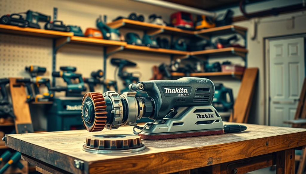 A well-lit workshop interior with a Makita drywall sander placed prominently on a sturdy workbench. The sander's components are disassembled, showcasing its inner workings - the motor, brushes, and dust collection system. In the background, shelves display an array of Makita power tools, highlighting the brand's reputation for quality and durability. Warm, directional lighting casts shadows that accentuate the sander's intricate details, inviting the viewer to explore the maintenance process. The overall atmosphere conveys a sense of focused attention and care, underscoring the importance of proper maintenance for the longevity of this essential drywall finishing tool.