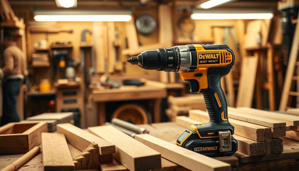 A well-lit workshop interior, with a sturdy DEWALT Quiet Impact driver taking center stage. The driver's sleek, tactical design stands out against a backdrop of diverse woodworking tools and materials, suggesting its versatility and suitability for a wide range of applications. The scene is bathed in warm, diffused lighting, creating a sense of focus and professionalism. In the foreground, various workpieces, from intricate cabinetry to sturdy framing, showcase the driver's capabilities to deliver powerful, yet controlled impacts with minimal noise and vibration, making it an ideal choice for precision work, finish carpentry, and delicate tasks. The overall composition conveys the DEWALT Quiet Impact's ability to deliver uncompromising performance in a wide range of woodworking and construction scenarios.