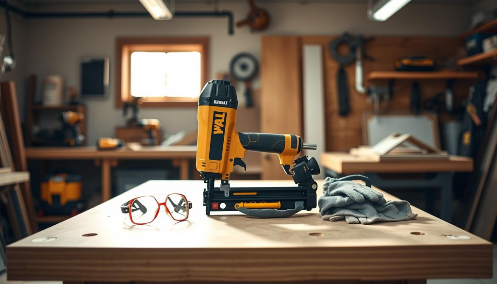 A well-lit workshop interior, with a sturdy workbench in the foreground. On the bench, a DeWalt 16-gauge nail gun rests alongside safety gear, including safety glasses, ear protection, and a pair of gloves. The background features various power tools and materials, hinting at the project at hand. The lighting is natural, with soft shadows casting a warm, focused atmosphere, emphasizing the importance of safety when operating this powerful tool. The overall composition conveys a sense of professionalism and attention to detail, underscoring the key safety tips for using a nail gun.