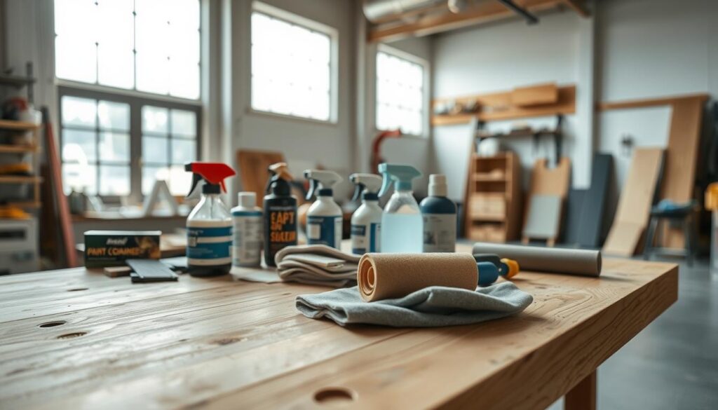 A well-lit workshop interior with a wooden workbench in the foreground. On the workbench, various tools and supplies for surface preparation are neatly arranged, including sandpaper, rags, chemical cleaners, and a paint roller. The background showcases a bright, open space with natural lighting filtering in through large windows. The overall atmosphere conveys a sense of focus and readiness for the upcoming spray painting project. The camera angle is positioned to capture the workbench and its contents in sharp detail, emphasizing the importance of proper surface preparation.