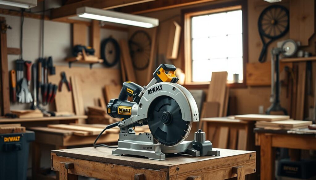 A well-lit workshop interior, with the DEWALT Z148 power saw prominently displayed on a sturdy workbench. The saw is positioned at a slight angle, showcasing its sleek, professional-grade design. Soft, directional lighting illuminates the tool's metallic surfaces, highlighting its precision engineering. In the background, various woodworking tools and materials are neatly organized, conveying a sense of order and productivity. The overall atmosphere is one of focused, competent craftsmanship, inviting the viewer to imagine the saw in action, effortlessly cutting through a variety of materials with its powerful 15-amp motor and versatile blade. The scene captures the essence of the DEWALT Z148's user experience - a reliable, high-performance tool that enhances the efficiency and satisfaction of any woodworking project.