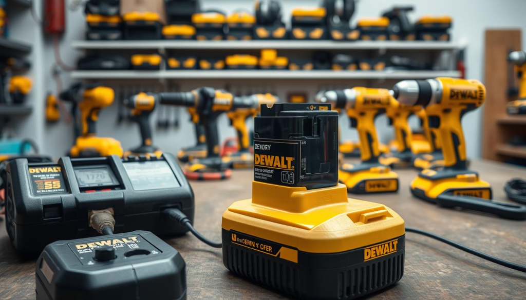 A well-lit workshop scene featuring a DEWALT battery on a workbench, surrounded by tools and accessories. The battery is the focal point, with a clear, detailed view of its internal components and charging ports. In the foreground, a DEWALT charger is connected to the battery, its status lights indicating the charging process. The middle ground showcases various DEWALT power tools, their batteries aligned neatly. The background depicts a clean, organized workspace with shelves of additional DEWALT batteries and tools, conveying a sense of professionalism and attention to maintenance. The overall mood is one of efficiency and care, emphasizing the importance of proper DEWALT battery care and upkeep.