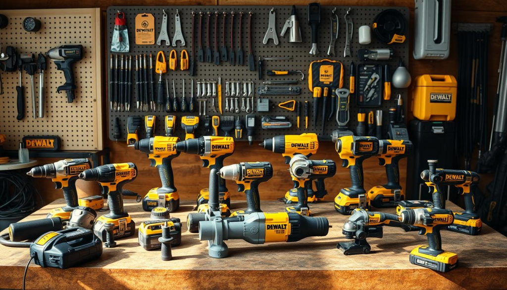 A well-lit workshop scene, featuring a collection of DEWALT power tools neatly arranged on a sturdy workbench. The tools are in a variety of sizes and styles, showcasing the brand's range and versatility. The scene is bathed in warm, natural lighting, casting subtle shadows and highlighting the high-quality construction and metallic finishes of the tools. In the background, a pegboard displays various DEWALT accessories, underscoring the brand's comprehensive ecosystem of products. The overall composition conveys a sense of professionalism, durability, and the inherent value of DEWALT's renowned tools.
