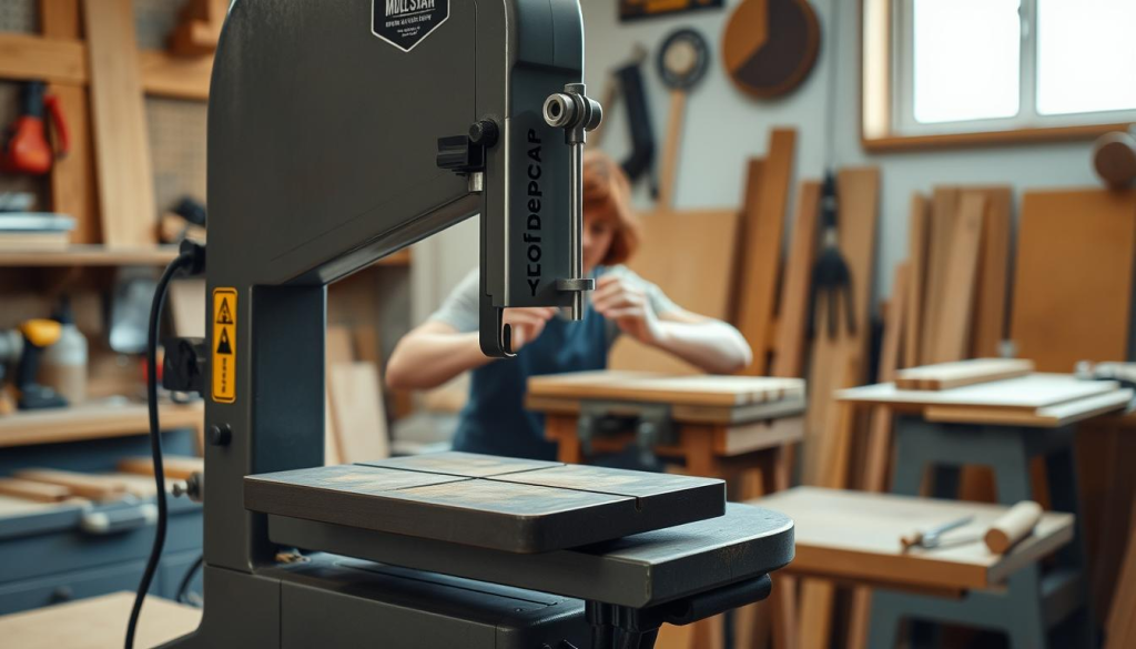 A well-lit workshop scene featuring a sturdy, industrial-grade band saw in the foreground. The saw's blade is visible, with its protective guard raised, highlighting the importance of safety. In the middle ground, a pair of hands demonstrates proper hand positioning and grip while operating the machine. The background showcases various woodworking tools and materials, conveying a sense of a professional, well-equipped workspace. The overall mood is one of focus and attention to detail, emphasizing the need for caution and responsible use of this powerful woodworking tool.