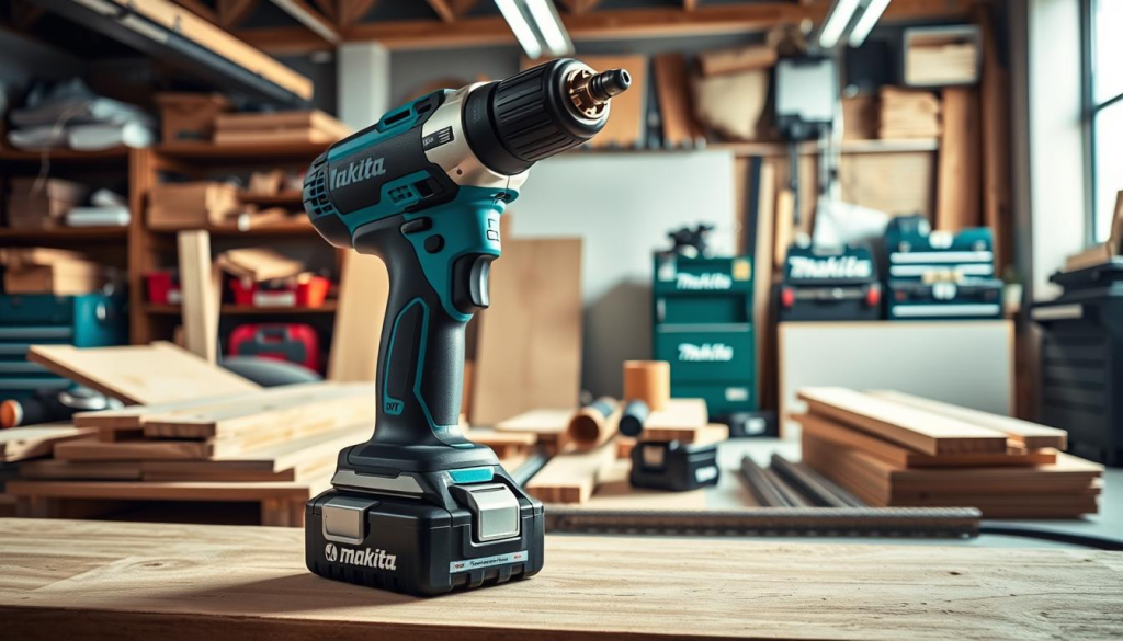 A well-lit workshop scene showcases a Makita cordless hammer drill in use, surrounded by various construction materials and tools. The drill is positioned prominently in the foreground, its sleek design and powerful battery highlighted by strategic lighting. In the middle ground, a variety of workpieces - including wood, drywall, and metal - demonstrate the drill's versatile applications. The background features a cluttered but organized workspace, with shelves, toolboxes, and other Makita power tools visible, conveying a sense of professional expertise and capability. The overall atmosphere is one of efficient, high-quality workmanship, perfectly suited to illustrate the "Versatile Applications" section of the article.