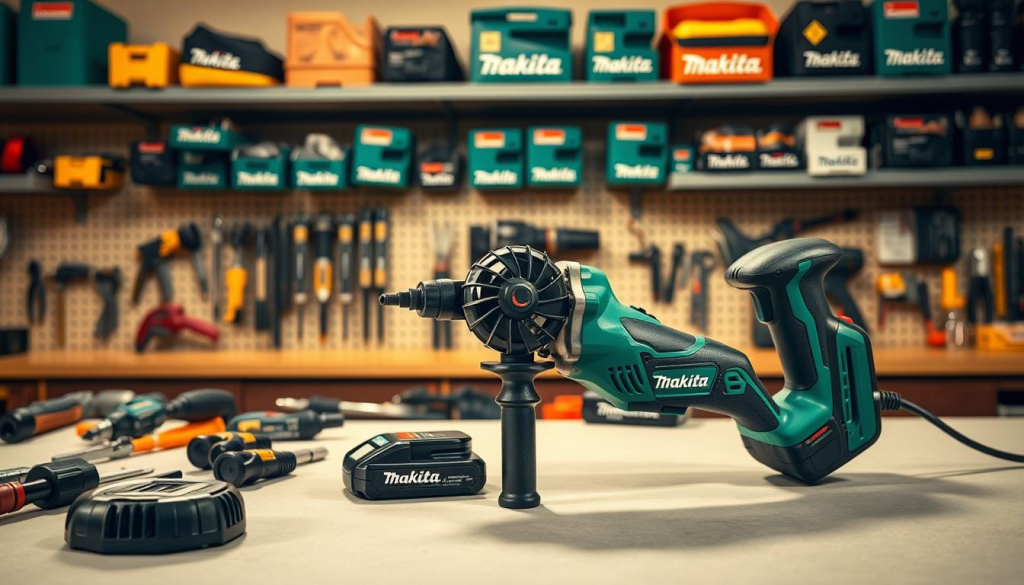 A well-lit workshop scene showcasing a Makita cordless power tool with a cooling fan attachment. The tool is positioned prominently in the foreground, its sleek green and black design contrasting against a clean, organized workbench. In the middle ground, various Makita accessories and tools are neatly arranged, highlighting the brand's comprehensive ecosystem. The background features shelves stocked with Makita products, conveying a sense of professionalism and attention to detail. Warm, directional lighting casts subtle shadows, emphasizing the tool's form and texture. The overall atmosphere is one of efficiency, durability, and a dedication to maintaining Makita's high-quality power tools.