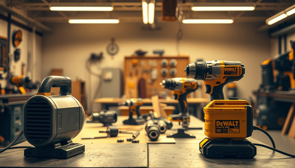 A well-lit workshop scene showcasing a side-by-side comparison of Dewalt's quiet hydraulic tools and traditional noisy options. In the foreground, the Dewalt tools, their sleek metal bodies gleaming, exude an air of subdued power. Beside them, the traditional tools emit a cacophony of clanking and whirring. The middle ground features a variety of workpieces, hinting at the versatility of the tools. The background is dominated by a clean, modern workspace, bathed in warm, directional lighting that emphasizes the contrast between the quiet Dewalt tools and their noisier counterparts. An atmosphere of precision, efficiency, and technological advancement permeates the scene.