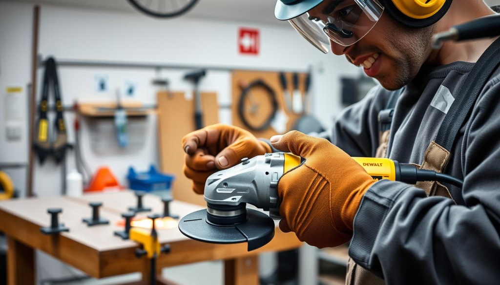 A well-lit workshop scene showcasing proper 90 degree grinder safety practices. In the foreground, a worker in protective gear firmly grasps a Dewalt 90 degree die grinder, with the grinder's guard in proper position. The middle ground features a sturdy workbench with clamps securing the workpiece. The background depicts additional safety equipment like face shields and first aid supplies. Soft, even lighting illuminates the scene, creating a sense of focus and attention to detail. The composition emphasizes the importance of safety when using this versatile grinding tool.