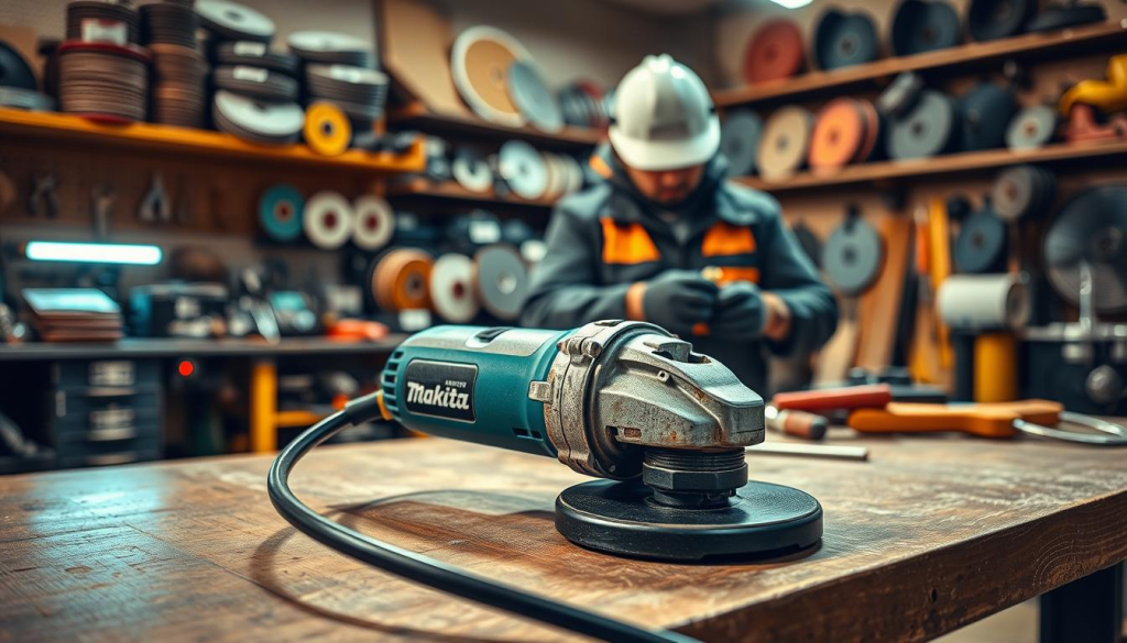 A well-lit workshop scene showcasing proper angle grinder maintenance. In the foreground, a Makita variable speed grinder rests on a wooden workbench, its power cord neatly coiled. The middle ground features a technician in safety gear inspecting the grinder's components, evaluating wear and tear. In the background, shelves display an assortment of grinding wheels, discs, and other accessories. Warm, directional lighting illuminates the scene, emphasizing the intricate details of the tool and the technician's focused attention. The overall atmosphere conveys a sense of professionalism and attention to detail, reflecting the importance of proper grinder maintenance for precision grinding tasks.