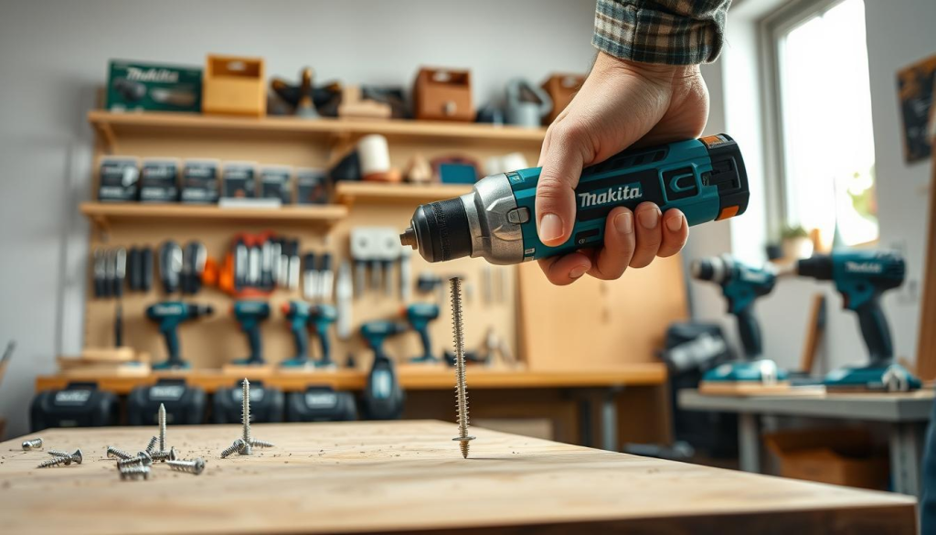 A well-lit workshop scene showcasing the efficiency of a Makita electric screwdriver. In the foreground, a skilled hand operates the screwdriver, driving screws into a wooden surface with ease and precision. The screwdriver's compact design and powerful motor are emphasized through dynamic camera angles and close-ups, capturing the tool's seamless performance. In the middle ground, various Makita power tools are neatly arranged, conveying the brand's commitment to quality and versatility. The background features a clean, organized workspace, with shelves displaying Makita accessories and a bright, natural light filtering through the windows, creating a sense of productivity and professionalism.