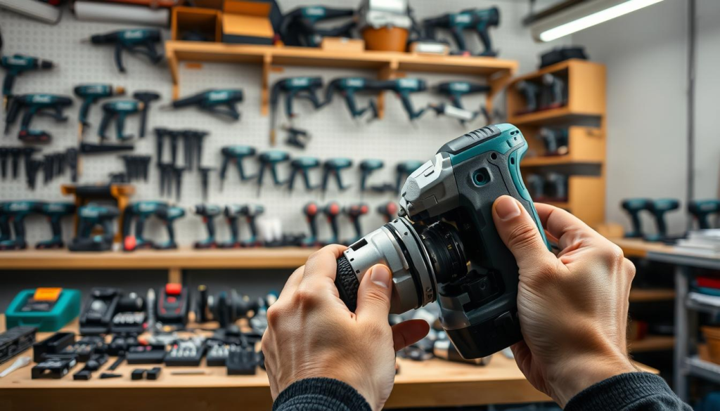 A well-lit workshop scene showcasing the meticulous maintenance of a Makita power tool. In the foreground, a pair of hands carefully disassembling the tool, revealing its intricate inner workings. The middle ground features an array of Makita accessories, neatly organized and ready for use. In the background, the workshop is adorned with shelves displaying a variety of Makita power tools, conveying a sense of expertise and professionalism. Soft, directional lighting illuminates the scene, highlighting the precision and attention to detail required for proper Makita tool maintenance.