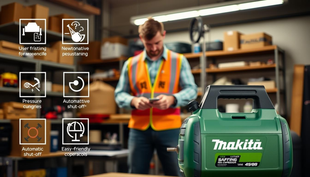 A well-lit workshop scene, showcasing the safety features of a Makita 18V Cordless Air Compressor. In the foreground, the air compressor is prominently displayed, its sleek design and vibrant Makita green color standing out. Surrounding it are various safety icons and indicators, such as warning labels, pressure gauges, and automatic shut-off mechanisms, all meticulously detailed. In the middle ground, a worker in a safety vest and goggles is carefully inspecting the compressor, demonstrating its user-friendly controls and easy maintenance. The background features a clean, organized workspace with shelves of tools and materials, conveying a sense of professionalism and attention to safety protocols. Warm lighting casts a subtle glow, creating a reassuring and practical atmosphere.